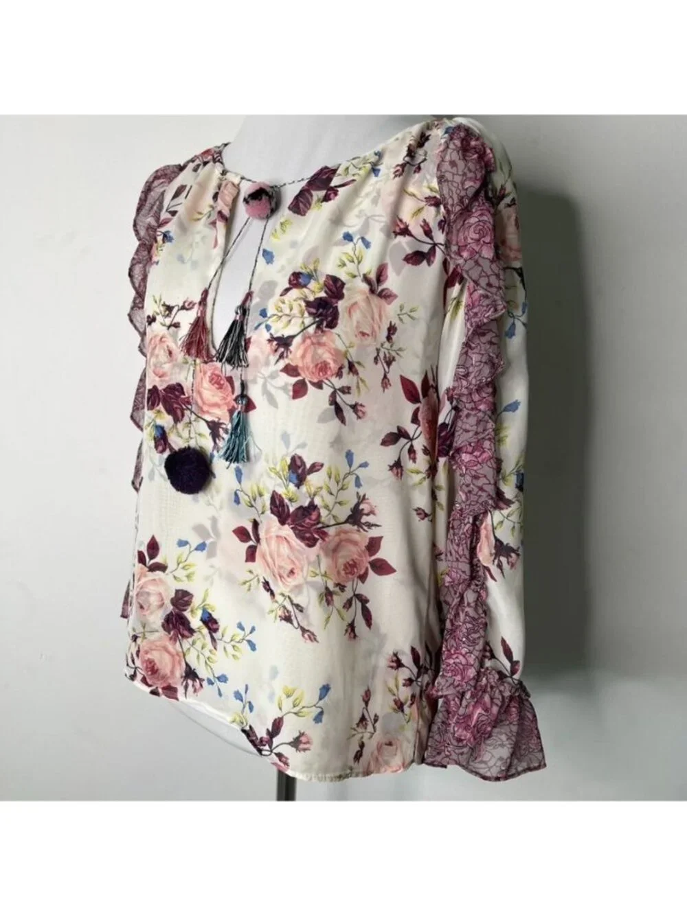 MISA Los Angeles Sia Floral Chiffon Ruffle Blouse XS Burgundy Cream Boho Tassel - Picture 3 of 12